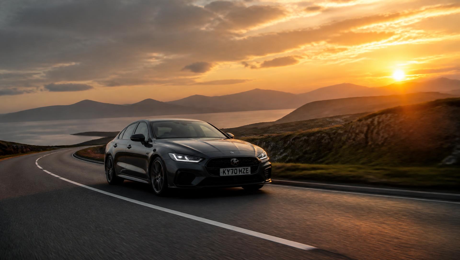 Premium saloon car travelling along a coastal road at sunset